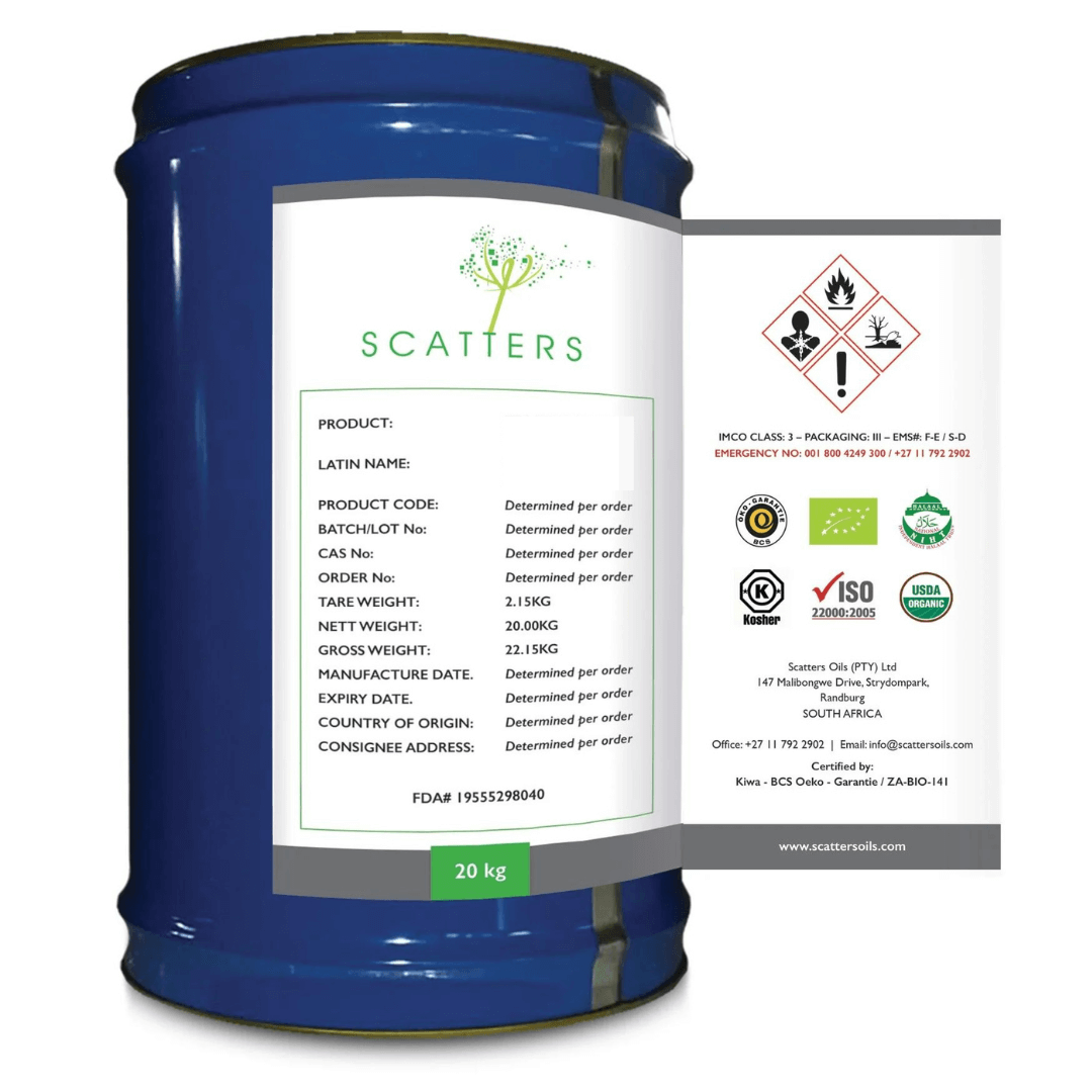 a 20kg blue drum of Scatters Oils essential oil that has a label with detailed product description and sticker logo certifications