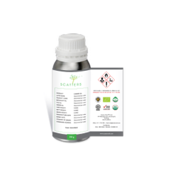 A 250g bottle of carrier oil with a detailed label, which contains important information about the oil's contents and usage.