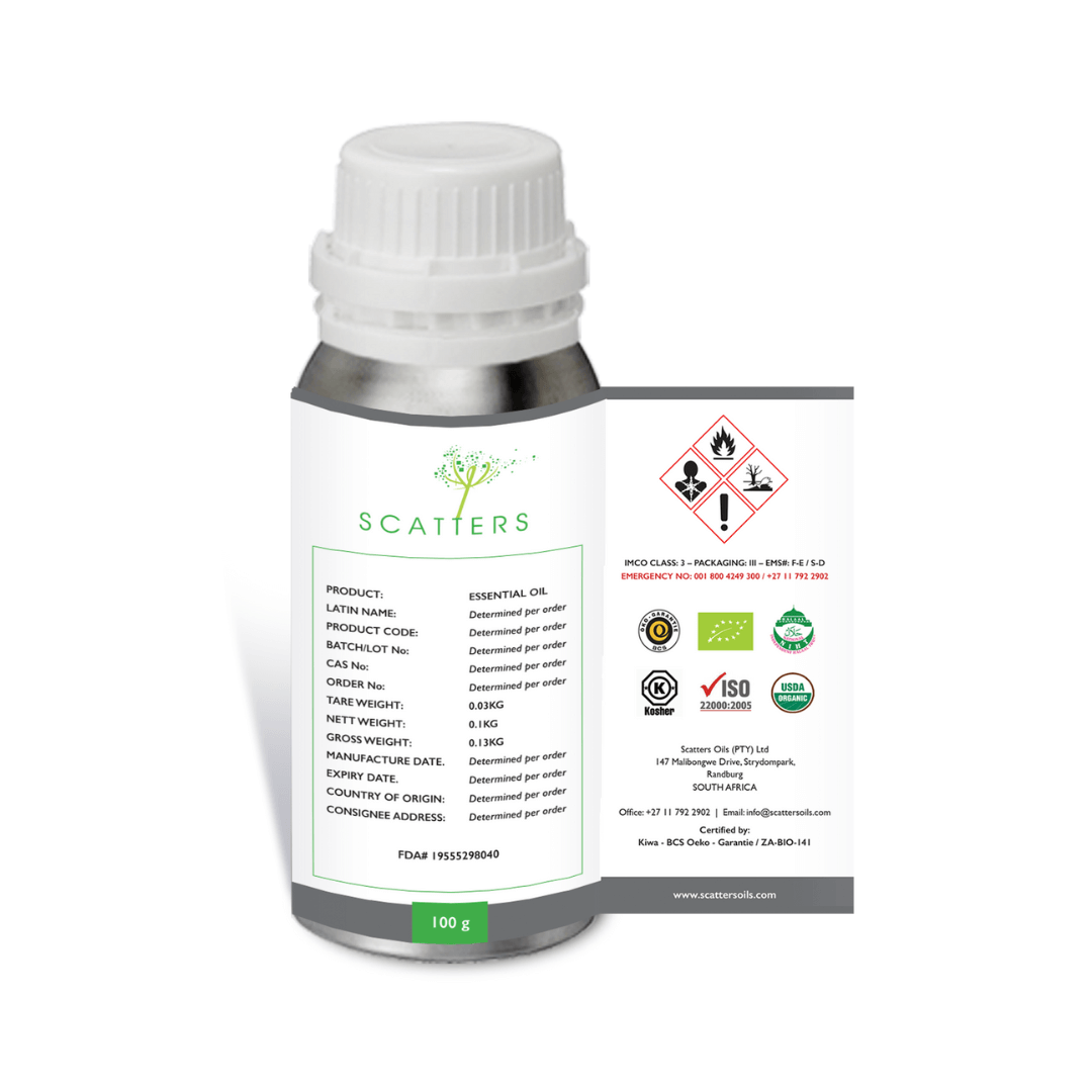 a 0.1 KG bottle of Scatters oil essential oil with a screw on cap and a label that has a detailed product description and sticker logo certifications