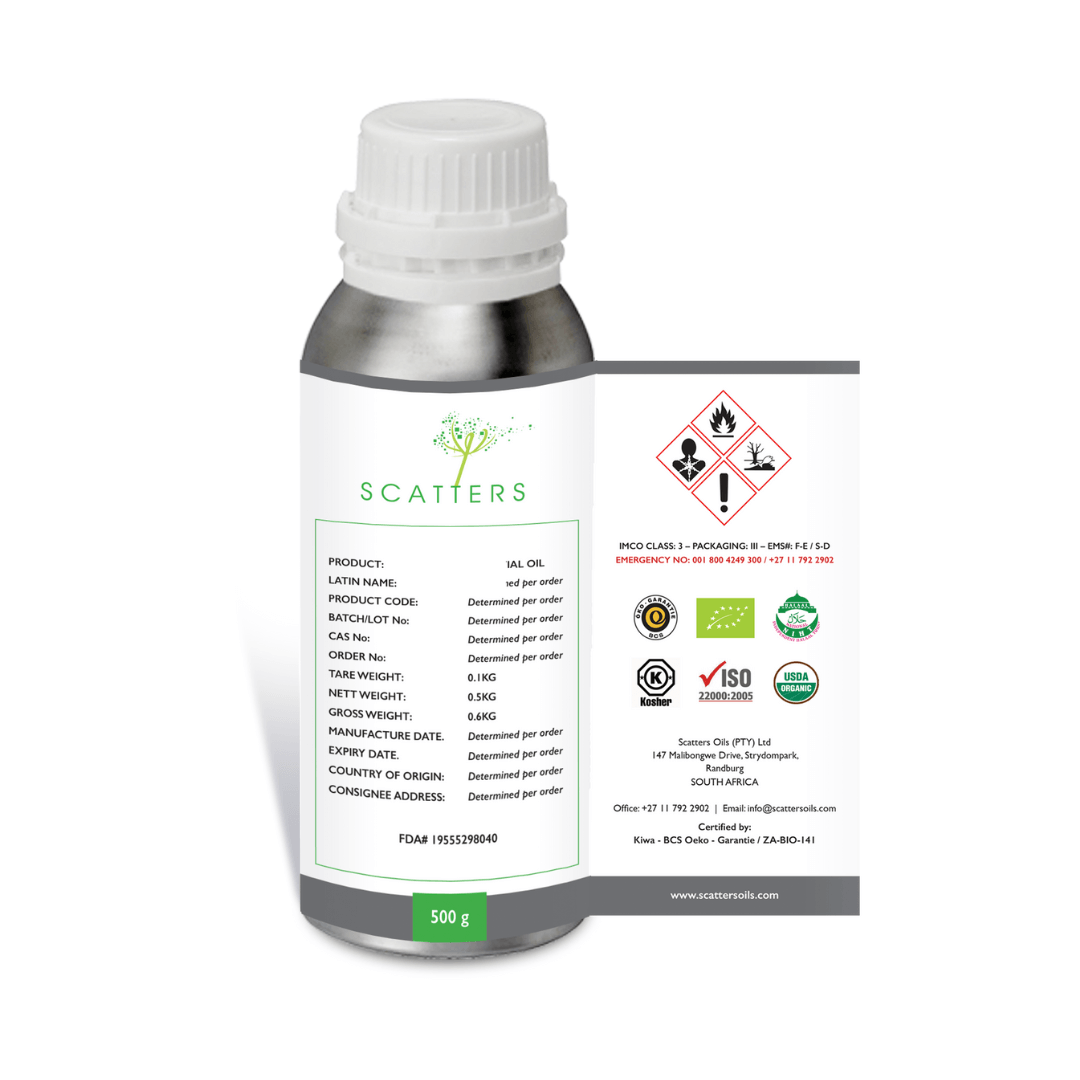 a 0.5 KG bottle of Scatters oil essential oil with a screw on cap and a label that has a detailed product description and sticker logo certifications