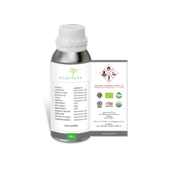 A 500g bottle of carrier oil with a detailed label, which contains important information about the oil's contents and usage.