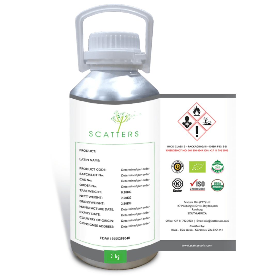 a 2.5 KG bottle of Scatters oil essential oil with a screw on cap that has a handle and a label that has a detailed product description and sticker logo certifications