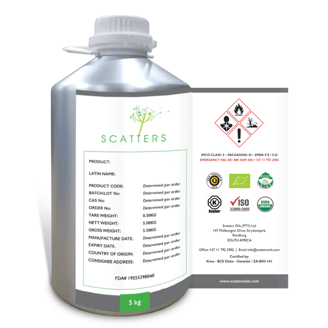 A 5 KG bottle of Scatters Oils essential oil, with a label that has detailed product description and sticker logo certifications