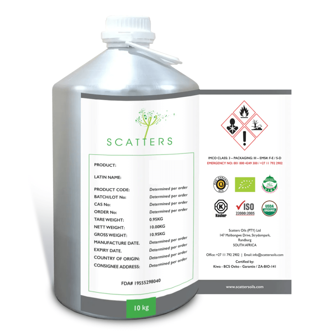 A 10 KG bottle of Scatters Oils essential oil, with a label that has detailed product description and sticker logo certifications
