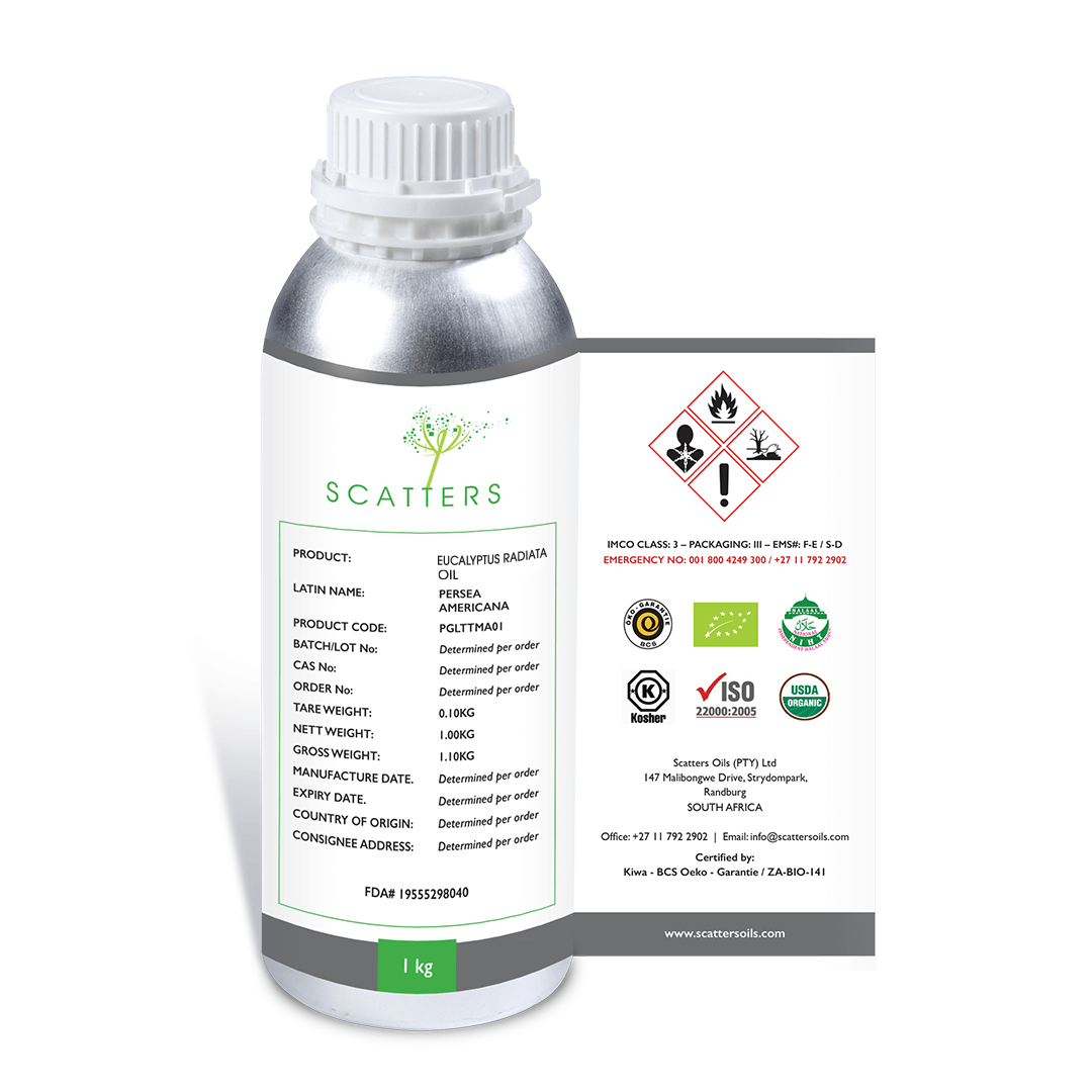 A 1 kg bottle of Eucalyptus Radiata Essential Oil that is extracted from eucalyptus leaves and has a refreshing, minty aroma.