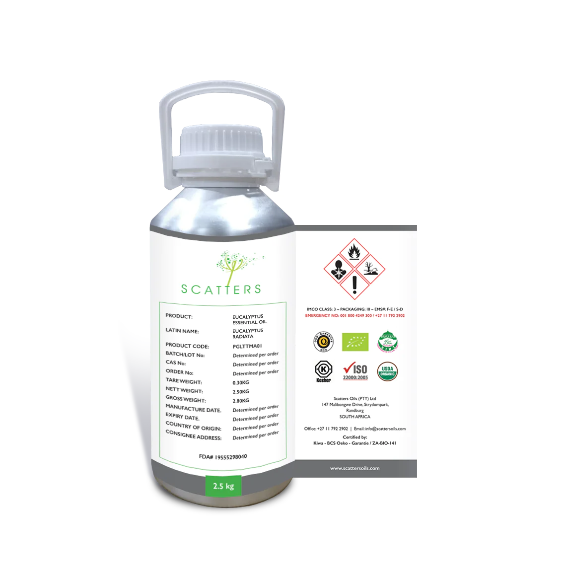 image of eucalyptus radiata on 2.5 kg labeled bottle with white cap and carrying handle