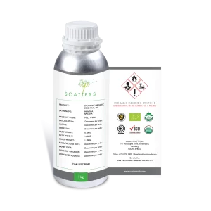A bottle holds 1kg of spearmint organic essential oil with white cap and labeled.