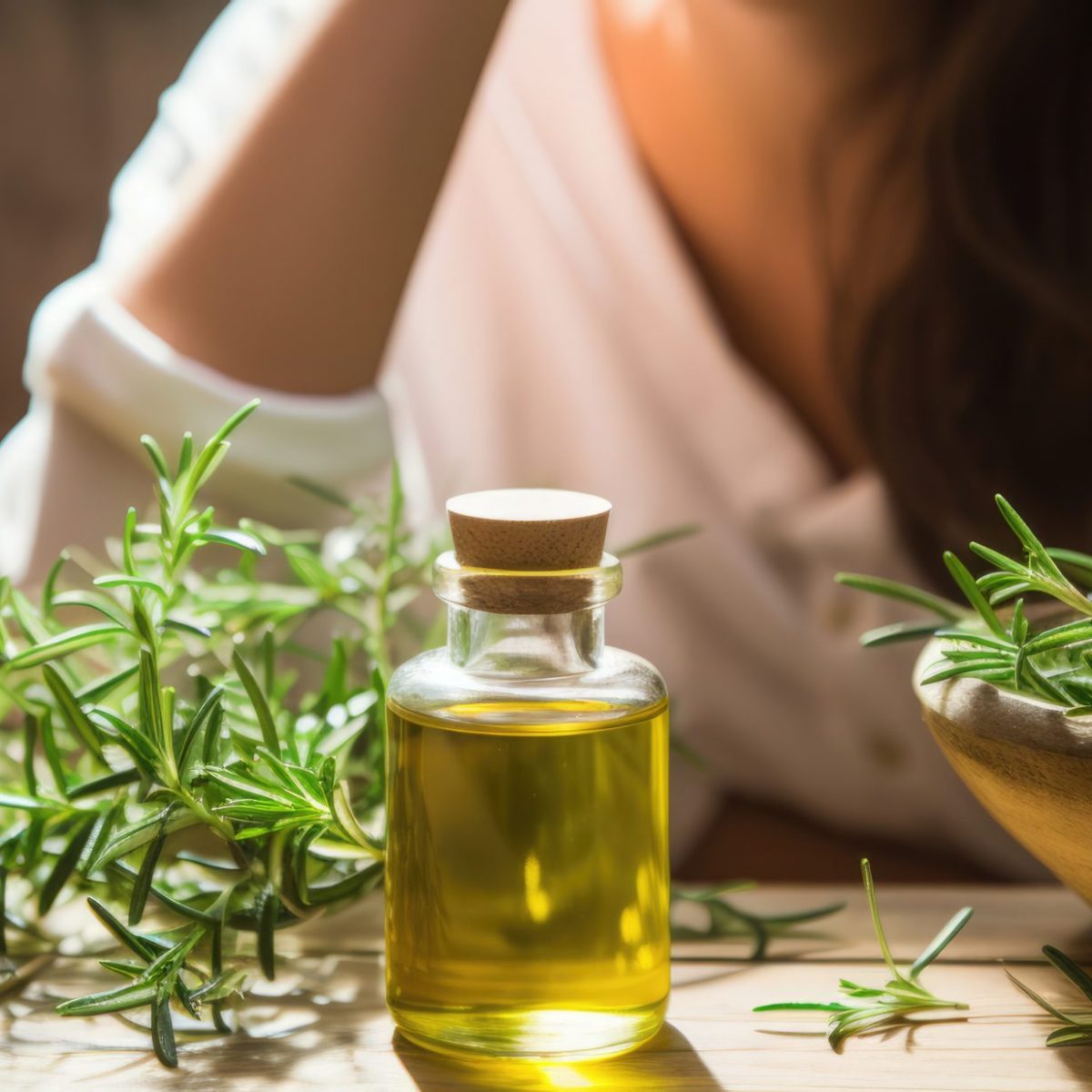 fragrant medicinal evergreen rosemary oil help with hair loss. rosemary oil jar on a wooden background